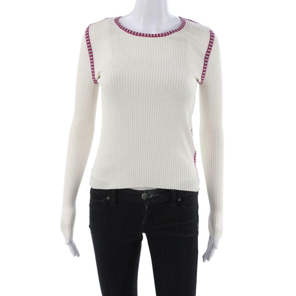 JED Womens Ivory Silk Striped Pullover Sweater Long Sleeve Round Neck Size S